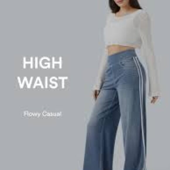 20-NWOT HALARA HIGH WASTED STRIPE WIDE LEG JEANS WITH POCKETS -M REGULAR - Picture 3 of 5